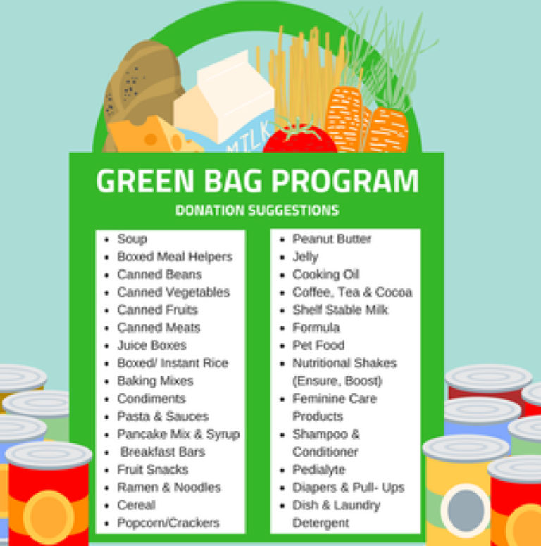 Green bag donation suggestions: soup, boxed meal helpers, canned beans, canned vegetables, canned fruits, canned meats, juice boxes, boxed/instant rice, baking mixes, condiments, pasta & sauces, pancake mix & syrup, breakfast bars, fruit snacks, ramen & noodles, cereal, popcorn, crackers, peanut butter, jelly, cooking oil, coffee, tea, cocoa, shelf stable milk, formula, pet food, nutritional shakes (ensure, boost), feminine care products, shampoo, conditioner, pedialyte, diapers, pull-ups, dish soap, laundry detergent