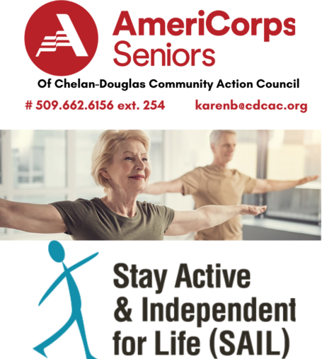 AmeriCorps Seniors of Chelan-Douglas Community Action Council. 509-662-6156 ext. 254, karenb@cdcac.org. Stay Active and Independent for Life graphic.